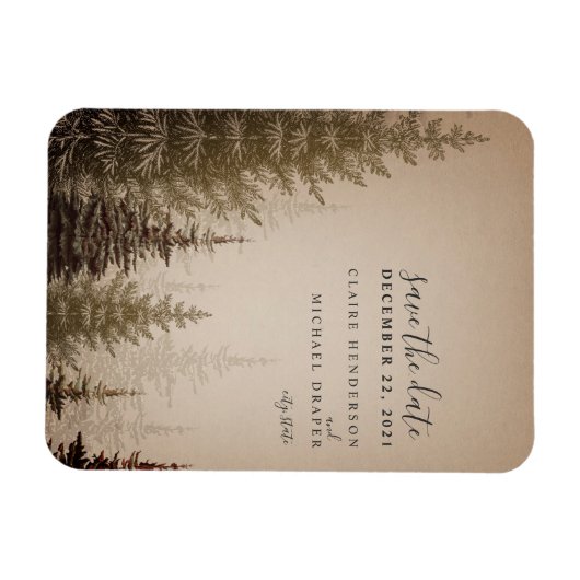 Bruin Evergreen Tree Bruiloft Save The Date Magneet (Horizontaal)