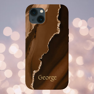 Bruin Faux Agate Marled-design met naam iPhone 13 Hoesje