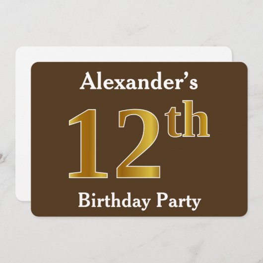 Bruin, Faux Gold 12th Birthday Party; Eigen naam Kaart (Voorkant / Achterkant)