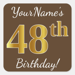 Bruin, Faux Gold 48th Birthday + Eigen naam Vierkante Sticker