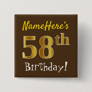 Bruin, Faux Gold 58th Birthday, met eigen naam Vierkante Button 5,1 Cm