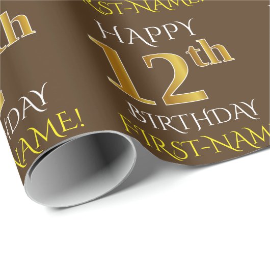 Bruin, Faux Gold "HAPPY 12th BIRTHDAY" Cadeaupapier (Rol Hoek)