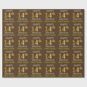 Bruin, Faux Gold "HAPPY 14th BIRTHDAY" Cadeaupapier