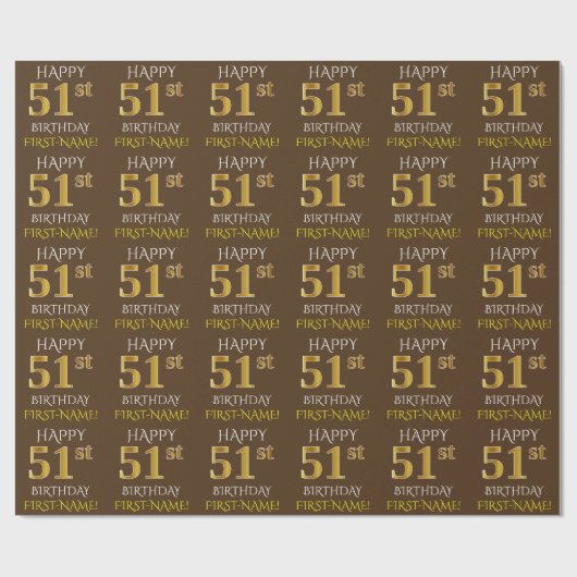 Bruin, Faux Gold "HAPPY 51st BIRTHDAY" Cadeaupapier (Vlak)