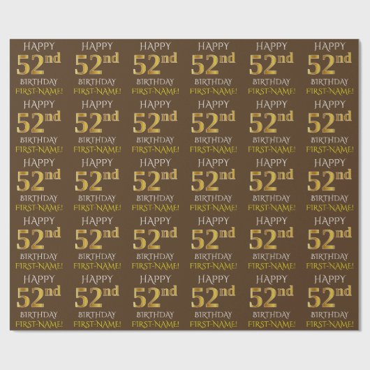 Bruin, Faux Gold "HAPPY 52nd BIRTHDAY" Cadeaupapier (Vlak)