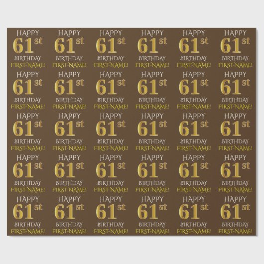 Bruin, Faux Gold "HAPPY 61st BIRTHDAY" Cadeaupapier (Vlak)