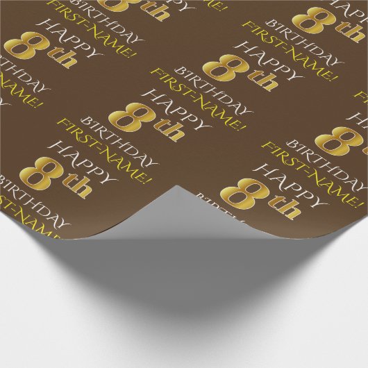 Bruin, Faux Gold "HAPPY 8th BIRTHDAY" Cadeaupapier (Hoek)