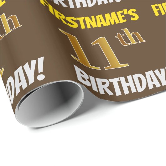 Bruin, Faux/Imitation Gold, "11th BIRTHDAY" Cadeaupapier (Rol Hoek)