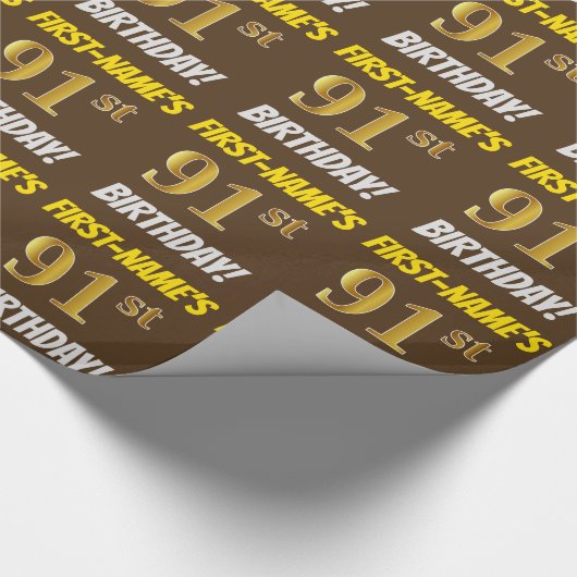 Bruin, Faux/Imitation Gold, 91st BIRTHDAY Cadeaupapier (Hoek)