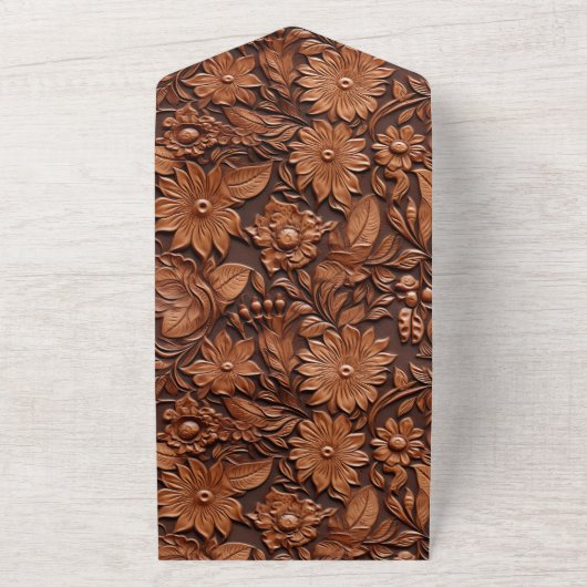 Bruin Faux Leer Bloemen All In One Uitnodiging (Buitenkant)