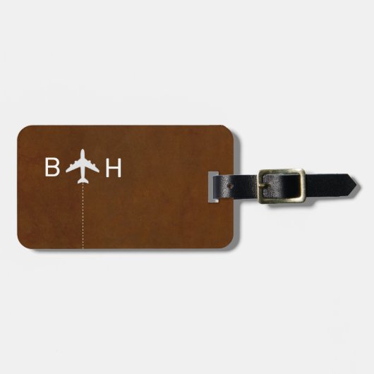 Bruin Faux Leer Modern Monogram Bagagelabel (Voorkant horizontaal)