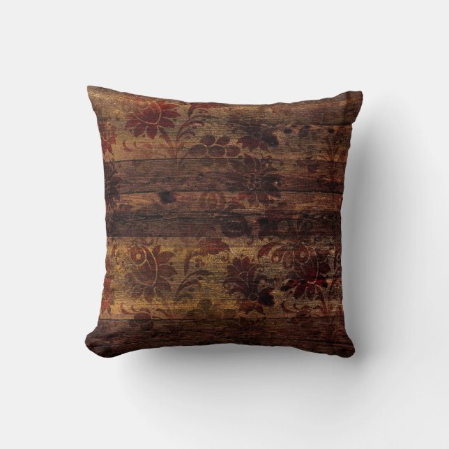 Bruin Floral Rustic Wood Kussen (Voorkant)