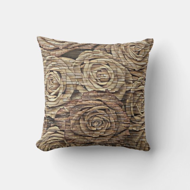 Bruin-gele beige rozen stenen wand moderne tekenin kussen (Voorkant)