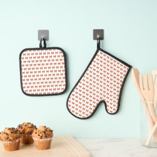 Bruin gingham boog patroon ovenwant & pannenlap set