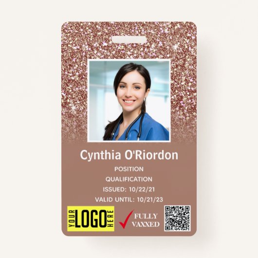 Bruin Glitter Medical Foto ID QR Barcode Badge (Voorkant)