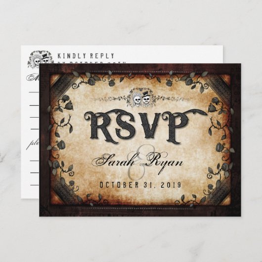 Bruin gothic Halloween Skeleton Matching MENU RSVP (Voorkant / Achterkant)