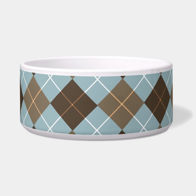 Bruin, goud en Sky Blue Argyle Monogram Voerbakje (Voorkant)