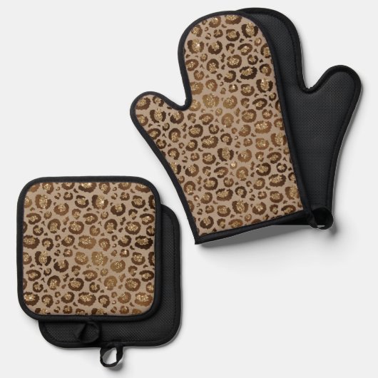 Bruin Goud Glitter Leopard Print Ovenwant & Pannenlap Set (Voorkant / Achterkant)