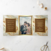 Bruin Goud Marmer Faux Gouden Folie Foto Bruiloft Drieluik Uitnodiging (Binnen)