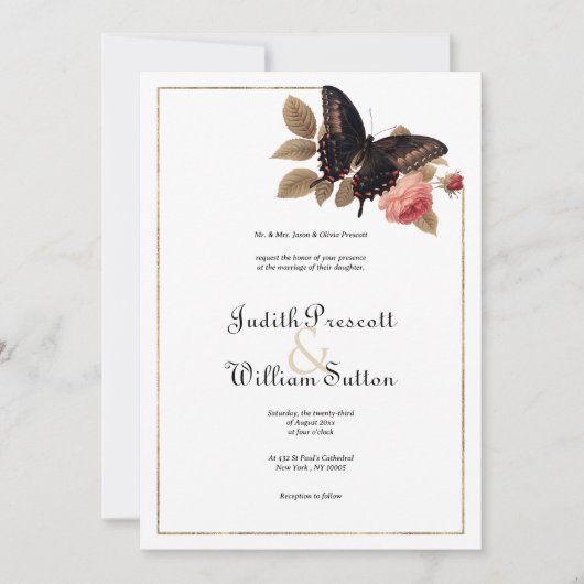 bruin goud roze vlinder bloemenbruiloft kaart (Voorkant)