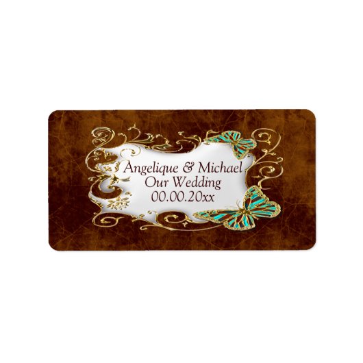 Bruin gouden aqua bruiloft wijn zegels etiket (Voorkant)