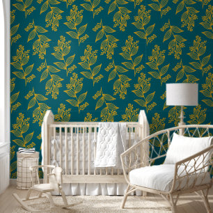 Bruin Gouden Bloem Botanische Donker Blauwgroen Bl Behang