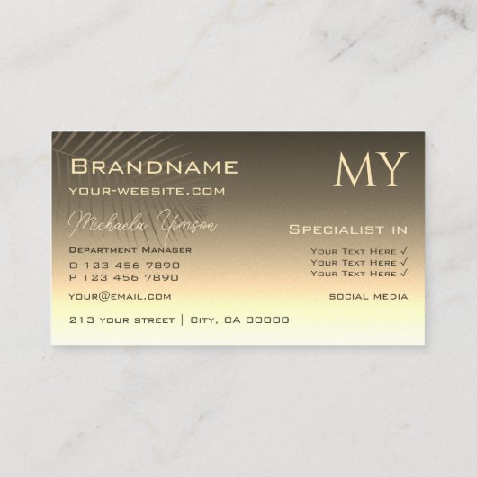 Bruin Gouden Gradiënt en Palmblad met Monogram Visitekaartje (Achterkant)