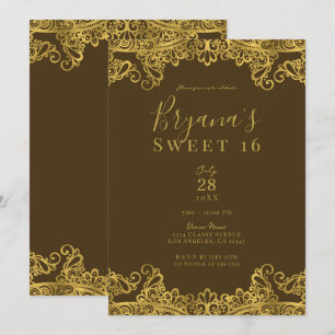 Bruin & Gouden Kant Elegant Sweet 16 Feestje Kaart