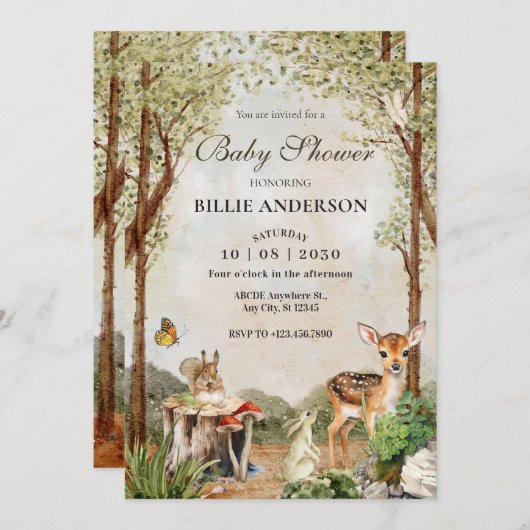 BRUIN GROEN HOUT WILDLIFE NATUUR BABY SHOWER KAART (Voorkant / Achterkant)