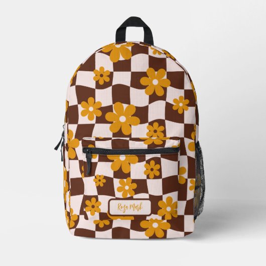 Bruin Groovy Daisy Bloemen Checkerboard Bedrukte Rugzak (Voorkant)