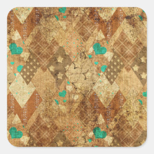 Bruin Grunge Quilt Sterren Harten Vierkante Sticker