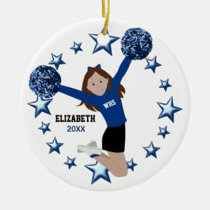 Bruin Haar Cheerleader Pom Poms in Blauw & Zwart Keramisch Ornament