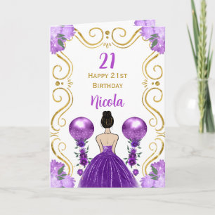 Bruin haar Princess Paarse Happy Birthday Kaart