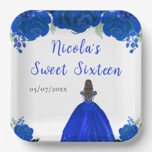 Bruin Haar Prinses Blauw Bloem Sweet Sixteen Papieren Bordje