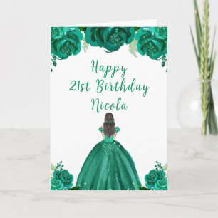 Bruin Haar Prinses Groen Bloemen Verjaardagsfeest Kaart