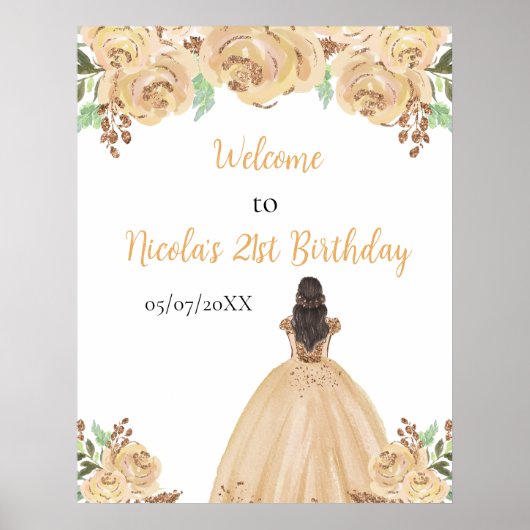 Bruin Haar Prinses Perzik Bloemen Verjaardag Welko Poster (Voorkant)