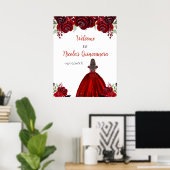 Bruin Haar Prinses Rood Bloemen Quinceanera Welkom Poster (Thuiskantoor)