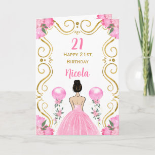 Bruin Haar Prinses Roze Gelukkige Verjaardag Kaart