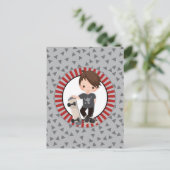 Bruin-haarskateboardjongen - grijs rood briefkaart (Staand voorkant)