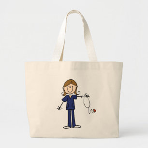 Bruin Hair Blue Uniform Vrouw Stick Figuur Nurse Grote Tote Bag