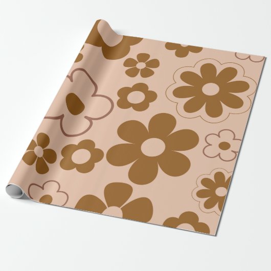 Bruin Herfst Retro Y2K Hippie Bloempatroon Cadeaupapier (Uitgerold)
