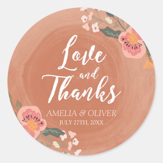 Bruin Hout Bloemen Rustieke Bruiloft Liefde en Bed Ronde Sticker (Voorkant)