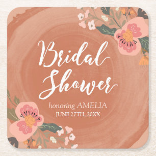 Bruin Hout Rustiek Bloemen Vrijgezellenfeest Vierk Vierkante Kartonnen Onderzetter