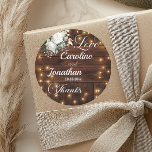 Bruin Hout Rustieke String Licht Witte Rozen Huwel Ronde Sticker