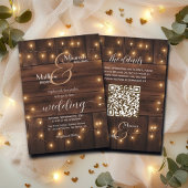 Bruin Hout Rustieke String Lights QR Code Huwelijk Kaart