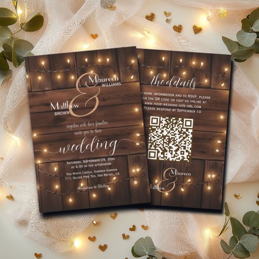Bruin Hout Rustieke String Lights QR Code Huwelijk Kaart