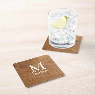 bruin houten frame rustieke naam monogram patroon vierkante kartonnen onderzetter