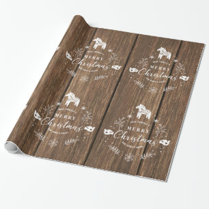 Bruin houten planken met witte kerstversiering cadeaupapier