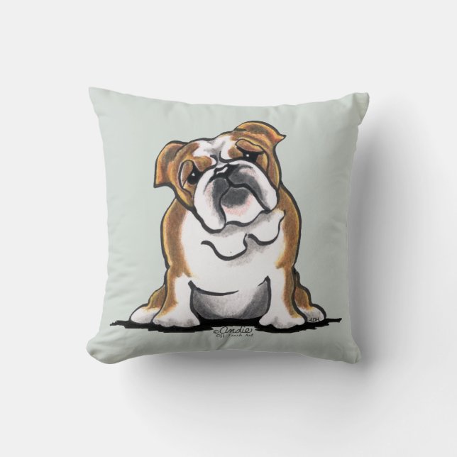Bruin in White English Bulldog Sit  Kussen (Voorkant)