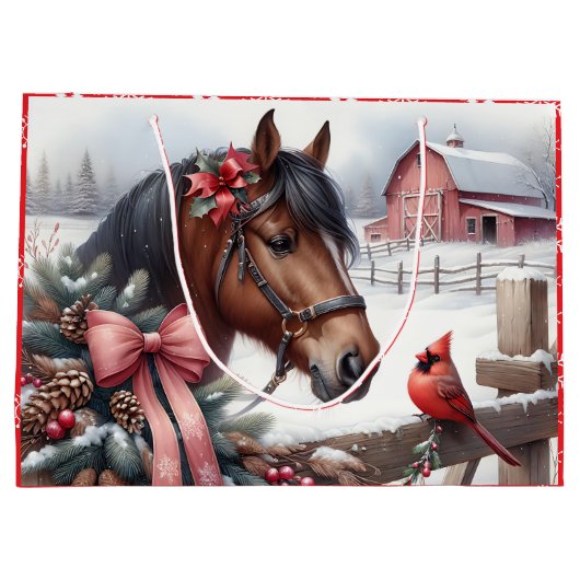 Bruin kerstpaard en kardinaal groot cadeauzakje (Achterkant)